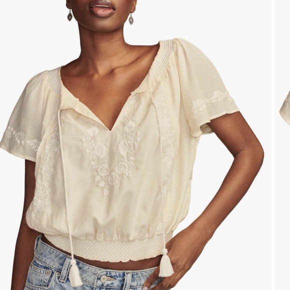 Lucky Brand Pale Yellow Sz L Embroidered Blouse EUC - Picture 6 of 7